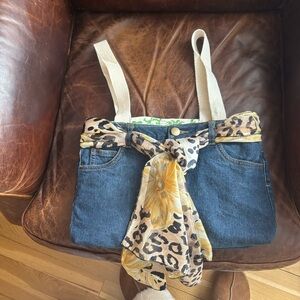 Denim Tote with Leopard Print Scarf handmade denim tote